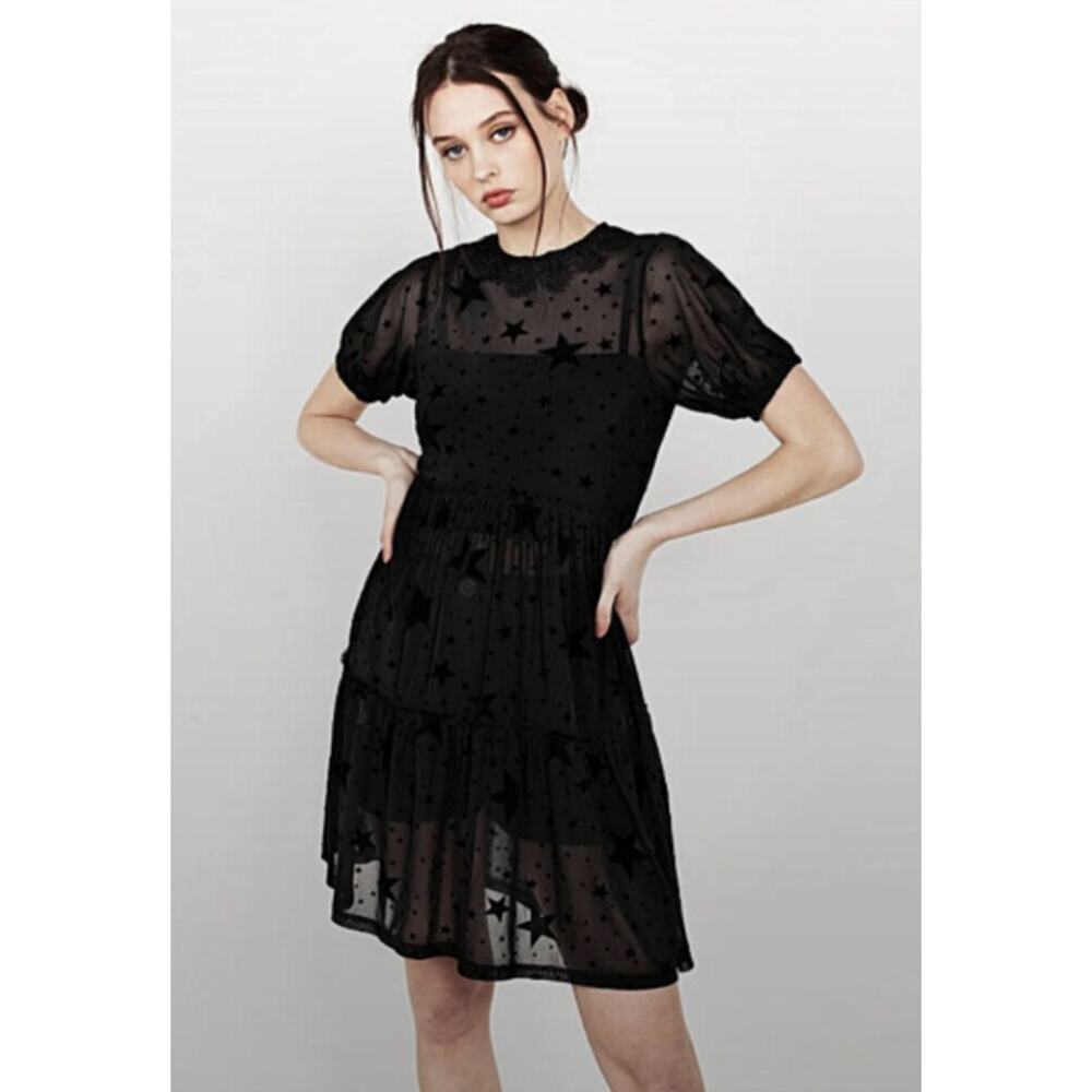 Disturbia Orion Black Mesh Star Print Overlay Dress Lace Collar Goth Celestial